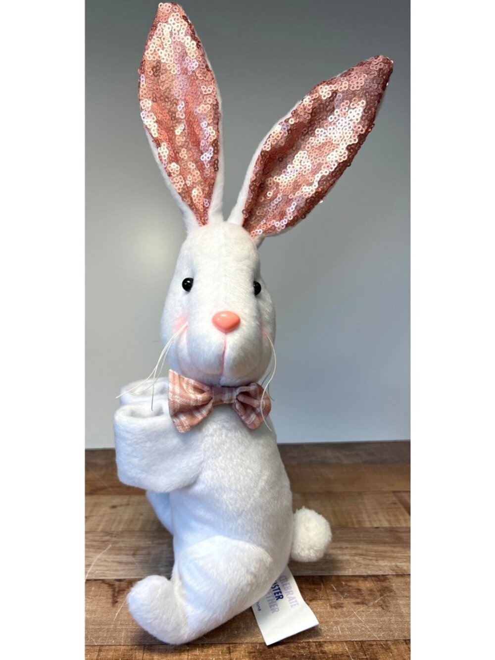 Plush White Easter Bunny With Pink Sequin Ears & Bow Tie Decorative Spring